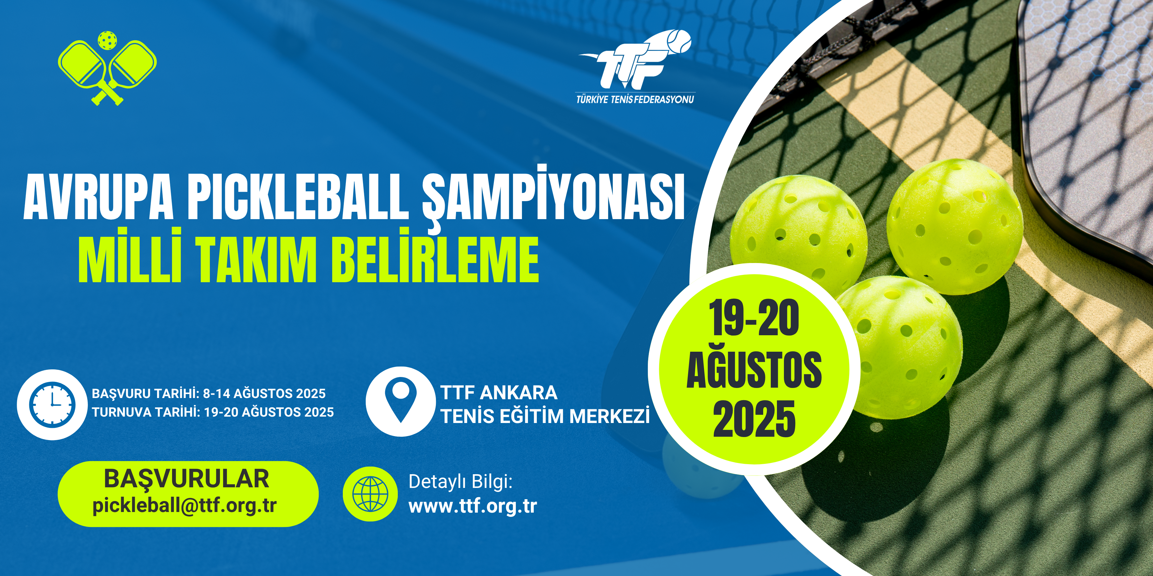 2025 Avrupa Pickleball Şampiyonası 18-21 Eylül 2025 tarihleri arasında İtalya’nın Roma şehrinde düzenlenecektir. 19-20 Ağustos 2025 tarihleri arasında Türkiye Tenis Federasyonu Ankara Tenis Eğitim Merkezi’nde Milli Takım Belirleme müsabakaları gerçekleştirilecektir.
