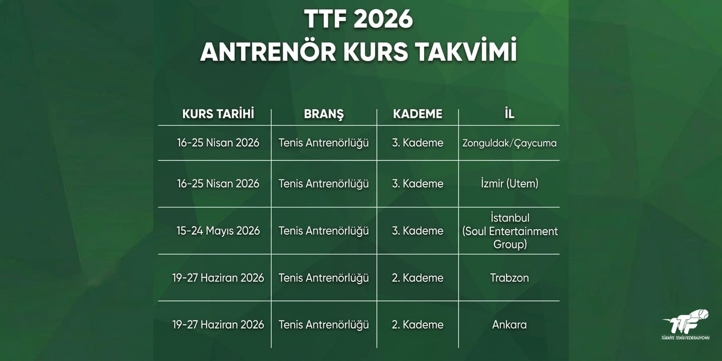 Türkiye Tenis Federasyonu tarafından 2026 yılı kapsamında planlanan antrenör kurslarına ilişkin takvim aşağıda yer almaktadır: