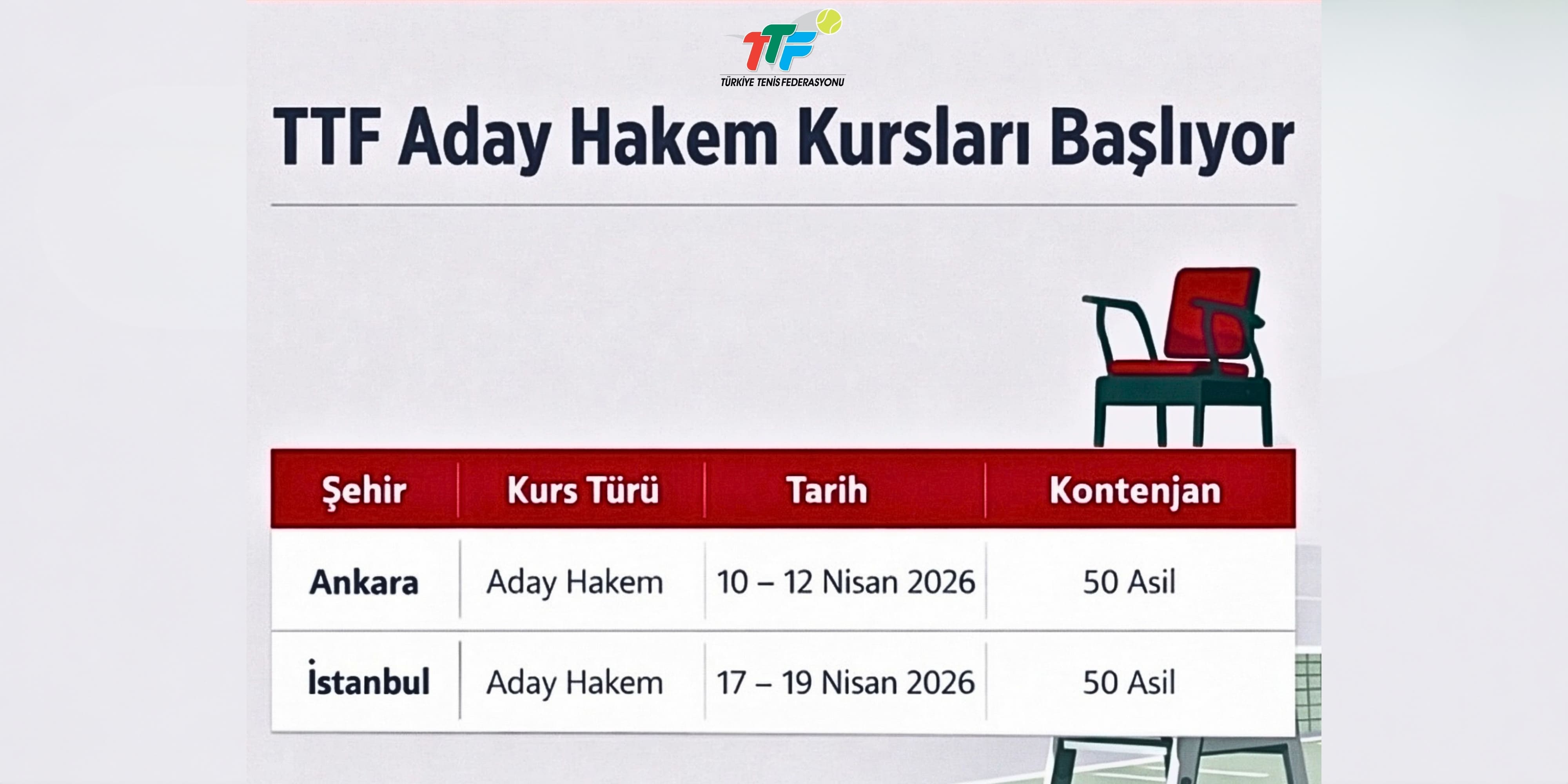 Türkiye Tenis Federasyonu Merkez Hakem Kurulu tarafından düzenlenecek olan Aday Hakem Kursları başlıyor.