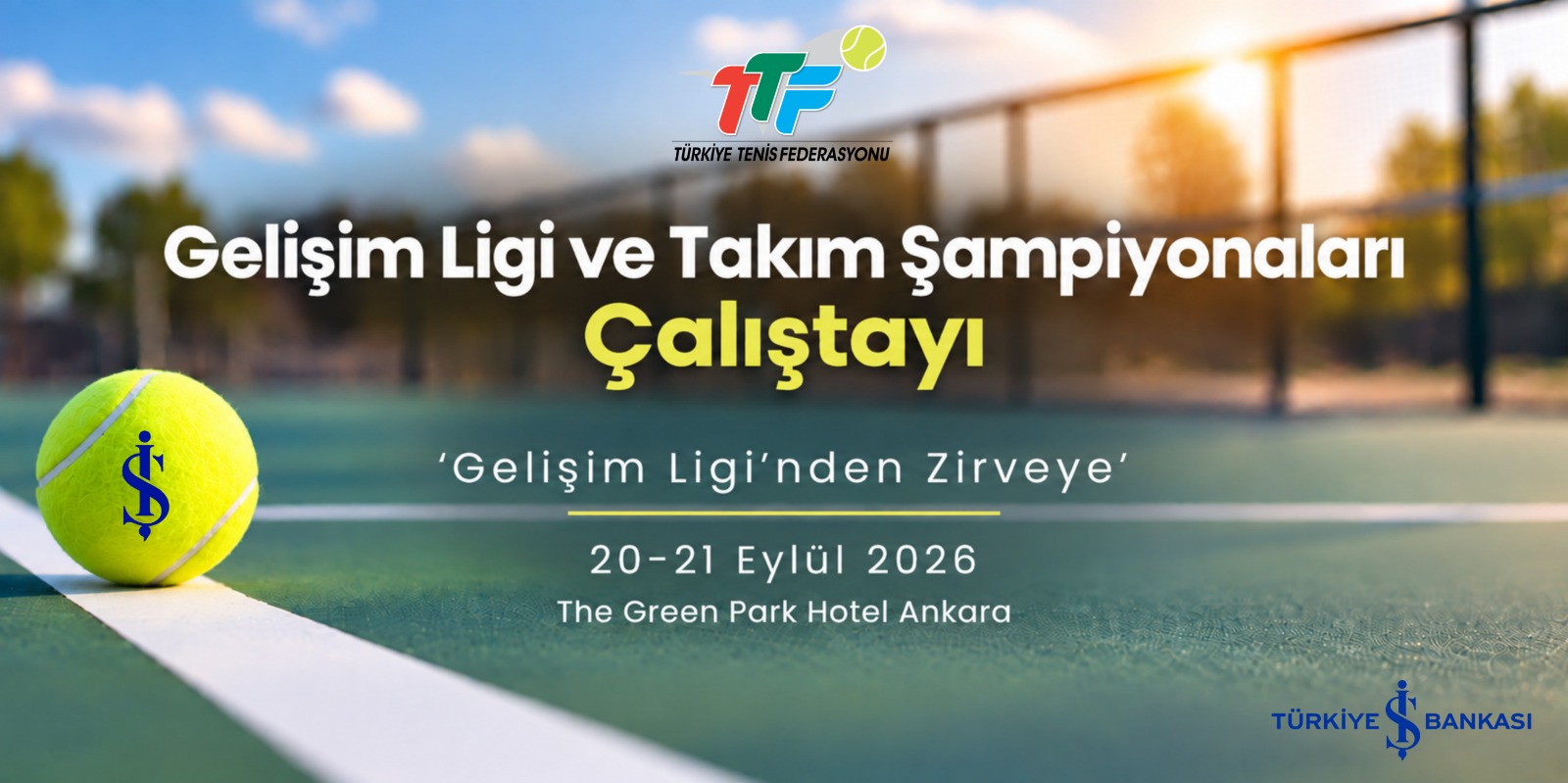 Türkiye Tenis Federasyonu tarafından, Türkiye İş Bankası Gelişim Ligi ve Takım Şampiyonaları’nın mevcut yapısının değerlendirilmesi, organizasyon süreçlerine ilişkin görüş ve önerilerin alınması ve gelecek dönem planlamalarının ele alınması amacıyla “Gelişim Ligi’nden Zirveye” temasıyla Türkiye İş Bankası Gelişim Ligi ve Takım Şampiyonaları Çalıştayı düzenlenecek.