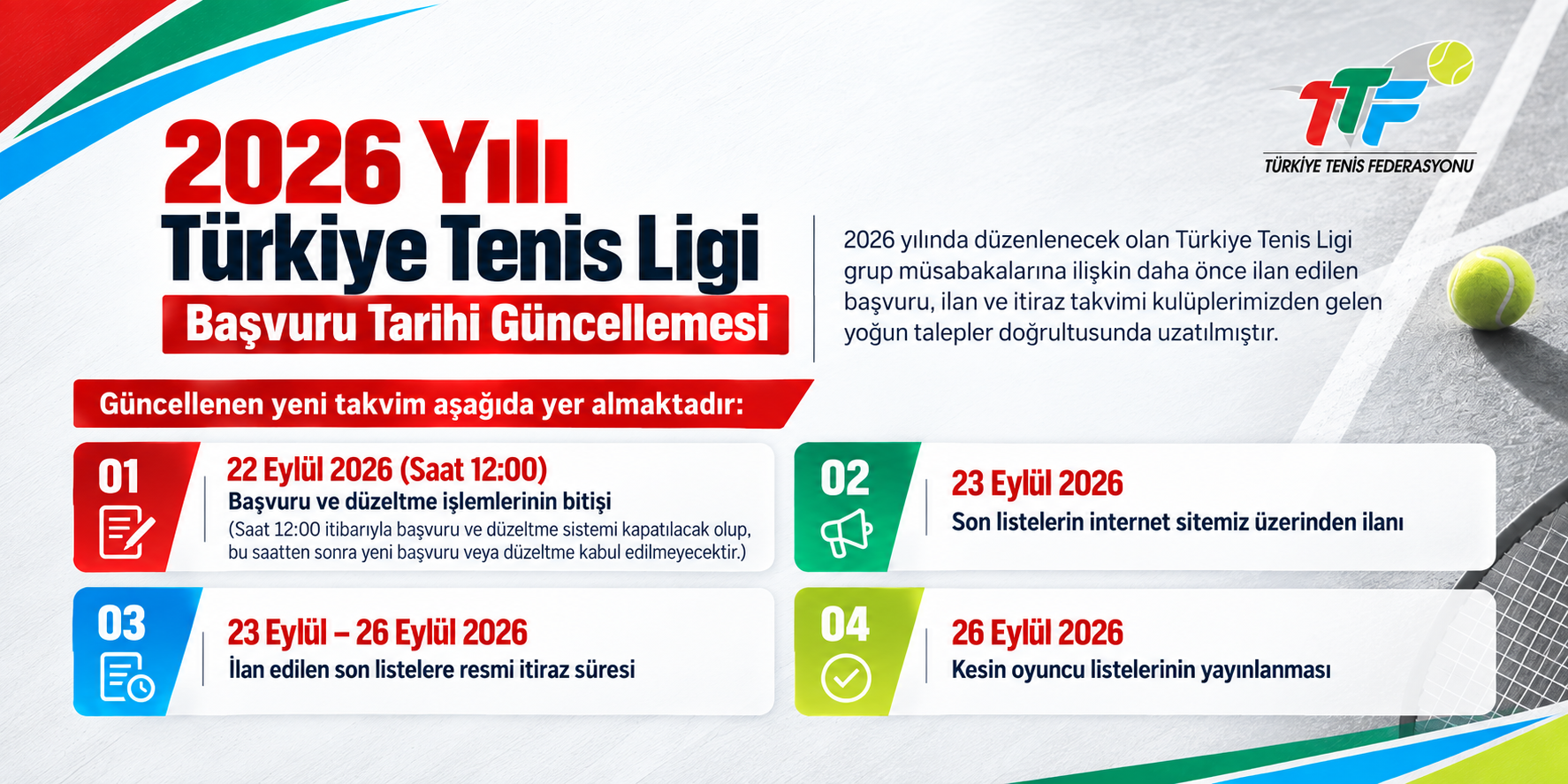 2026 yılında düzenlenecek olan Türkiye Tenis Ligi grup müsabakalarına ilişkin daha önce ilan edilen başvuru, ilan ve itiraz takvimi kulüplerimizden gelen yoğun talepler doğrultusunda uzatılmıştır.