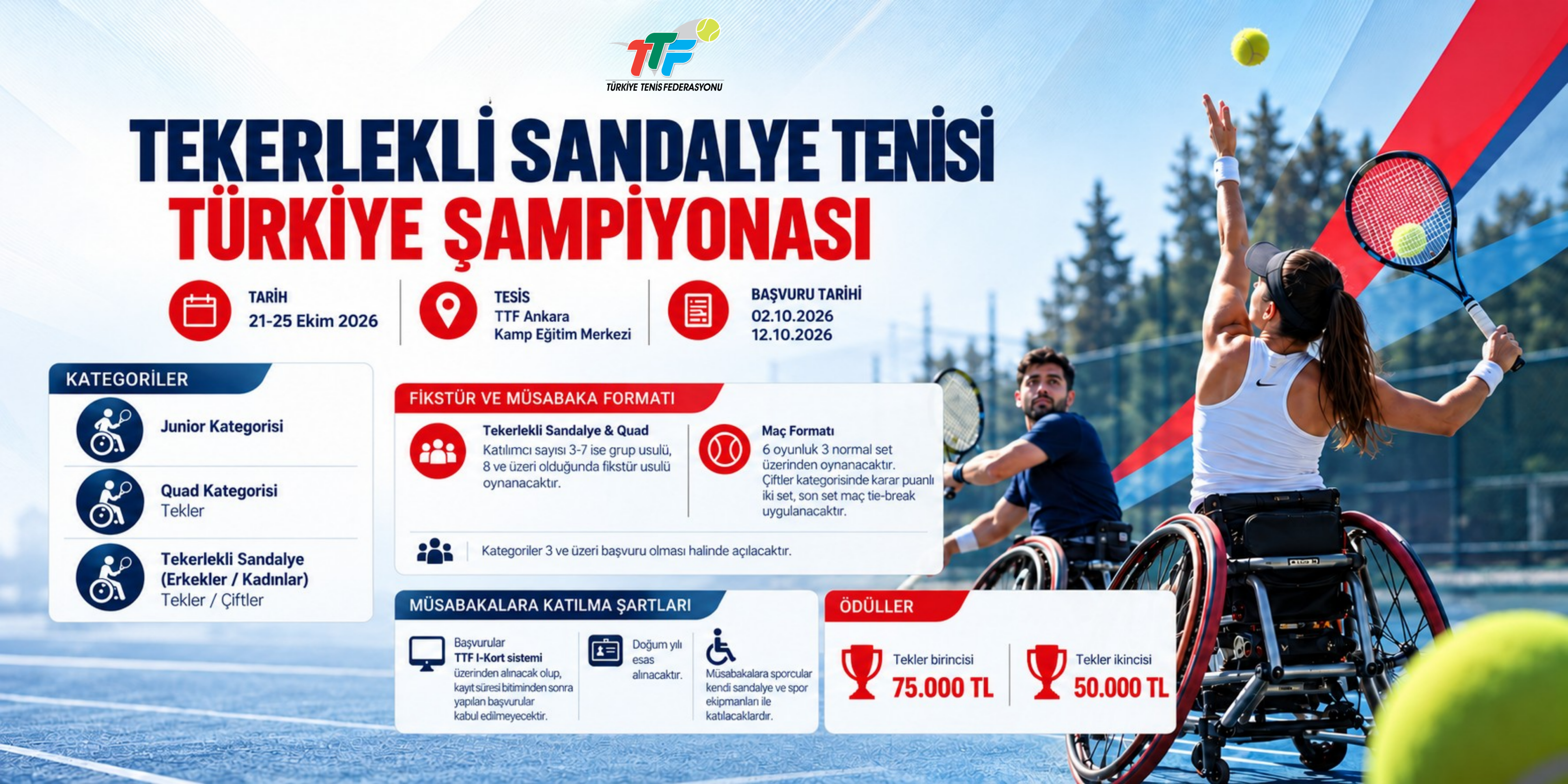 Tekerlekli Sandalye Tenisi Türkiye Şampiyonası, 21-25 Ekim 2026 tarihleri arasında TTF Ankara Kamp Eğitim Merkezi sert kortlarında gerçekleştirilecektir.